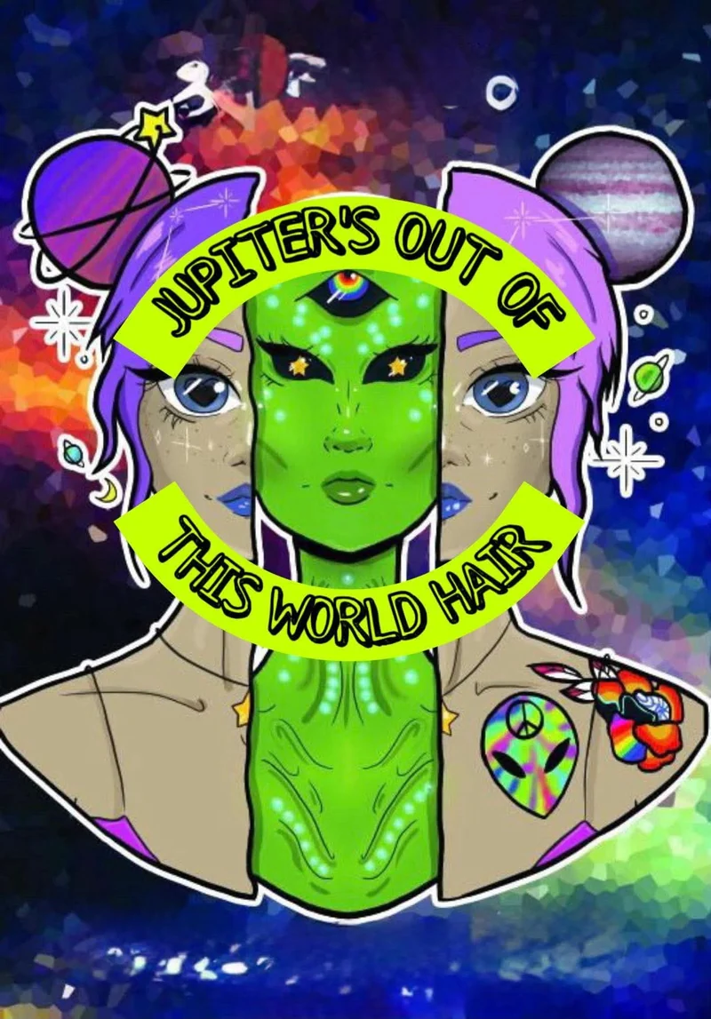 Jupiter's Out of This World Hair logo: half human, half green alien, with lilac hair and planet buns